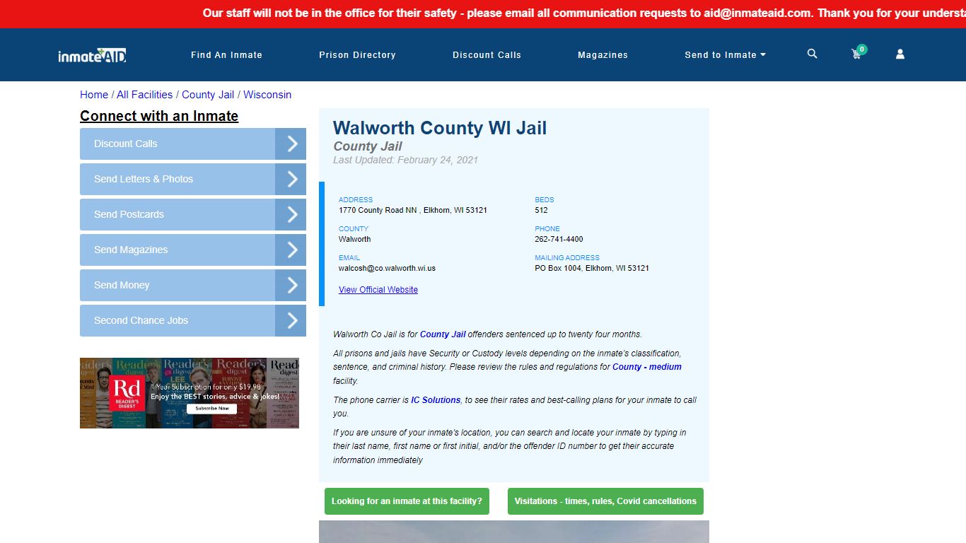 Walworth County WI Jail - Inmate Locator - Elkhorn, WI